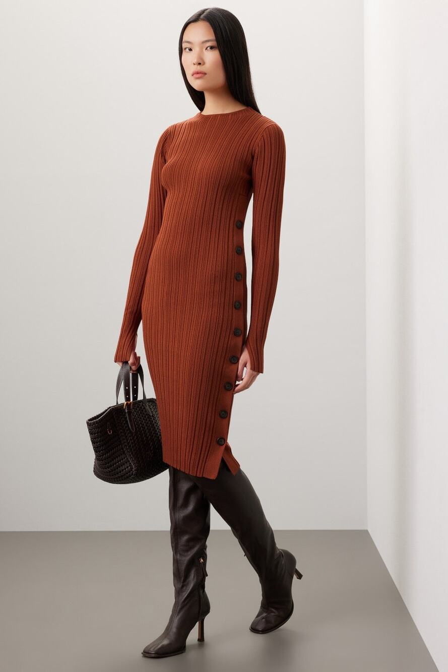 Adam Lippes Rust Ribbed Knit Side Button Long Sleeve Sweater Midi Dress Size S
